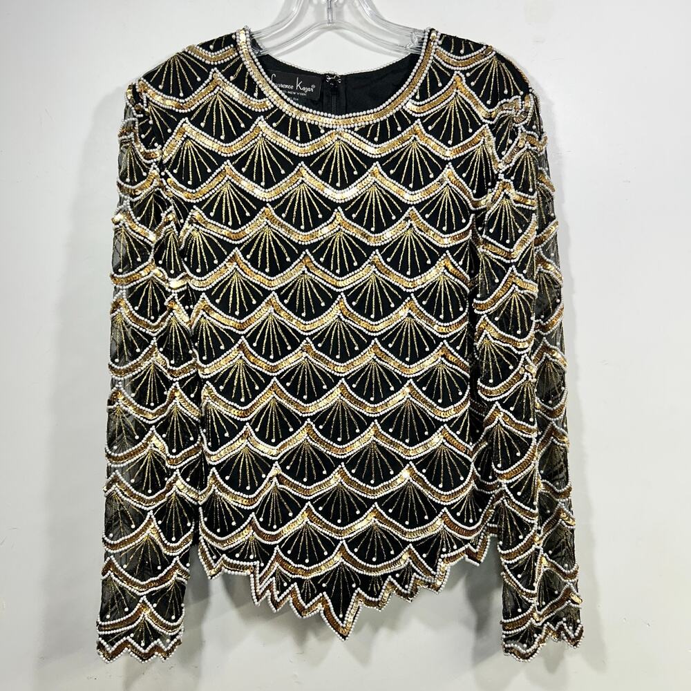 Laurence Kazar black silk top with gold and pearls size XL Scalloped Edge